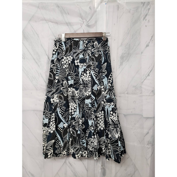 JM Collection Black Blue Floral Boho A Line Midi Skirt 14 - Picture 5 of 7